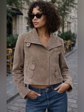 BCBGMaxAzria Taupe Suede Cropped Jacket
